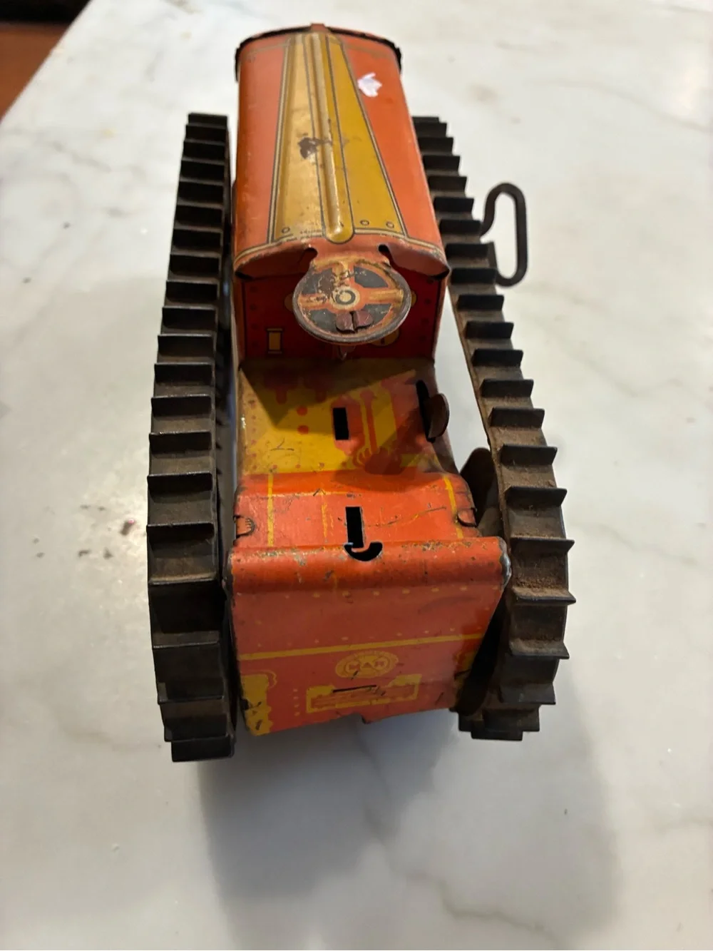 Vintage Marx Tin Litho Bulldozer Wind-up Toy Orange Caterpillar Tractor WORKS!